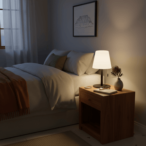 A cozy bedroom scene featuring a modern rechargeable table lamp on a wooden nightstand, casting warm light.