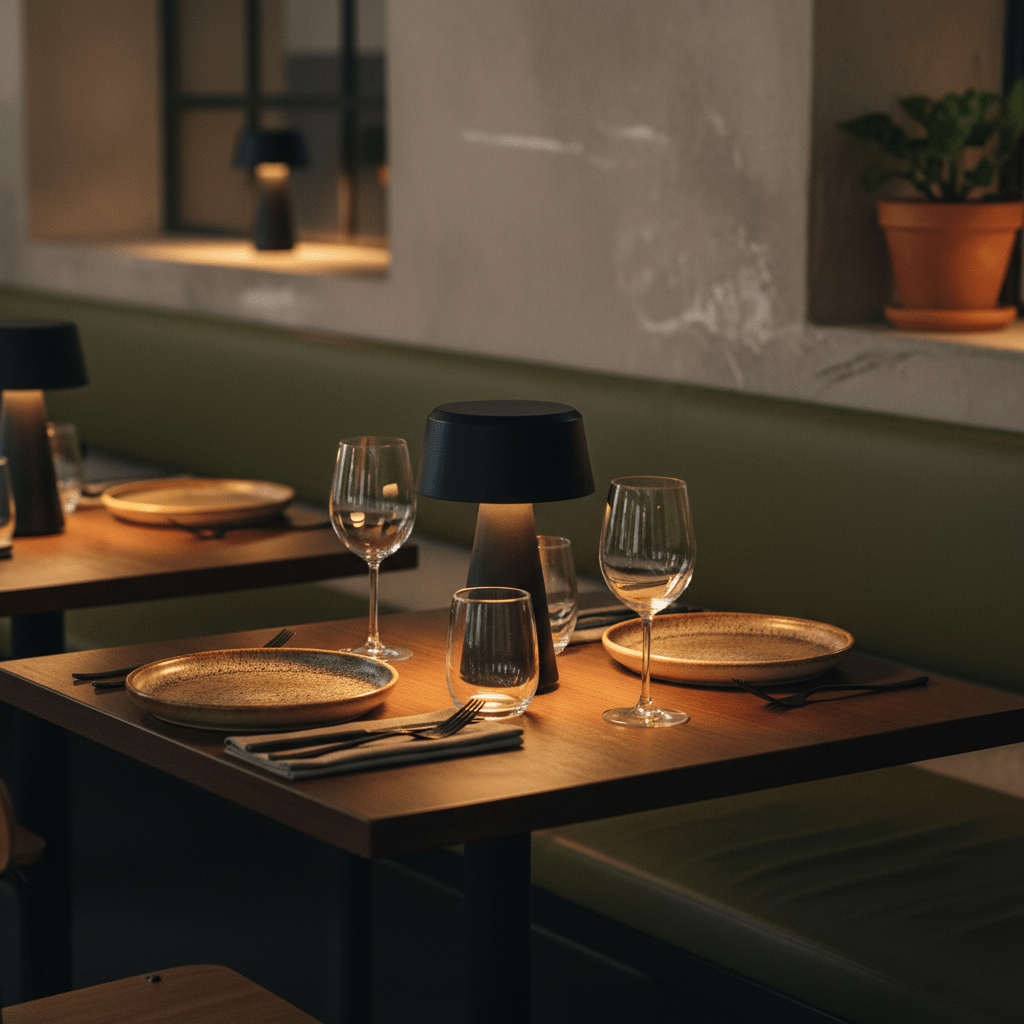 Montego LED Rechargeable Table Lamp on a restaurant table, providing warm ambiance with glassware and plates.