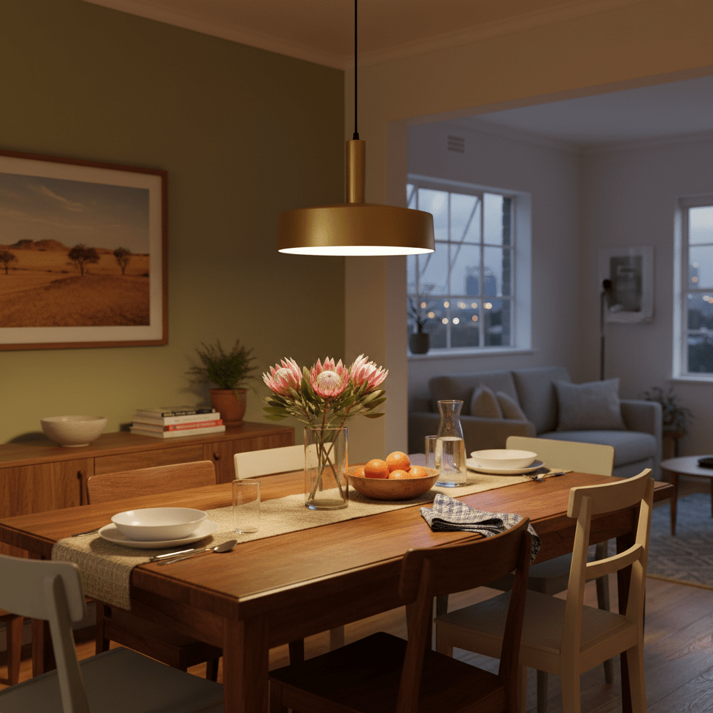 Sombre Gold Pendant light hanging above a wooden dining table set with plates and a vase of flowers.