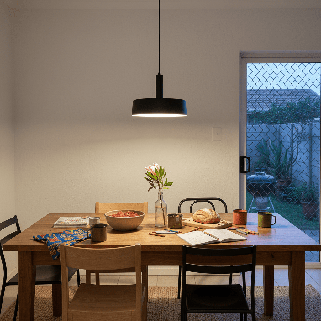 Sombre Black Pendant light hanging above a wooden dining table set with food and decor.