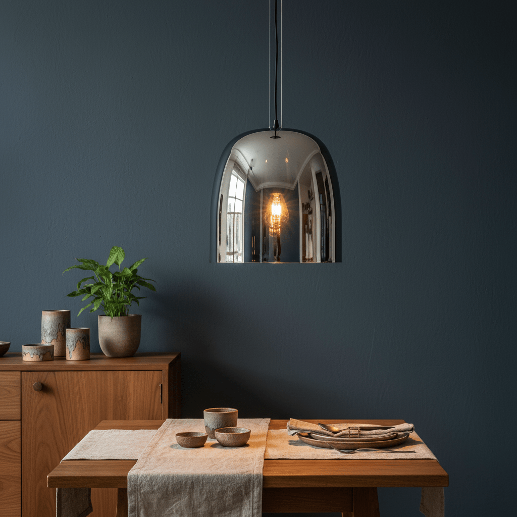 Smoke-tinted dome pendant light hanging above a wooden dining table set with dishes and a plant.