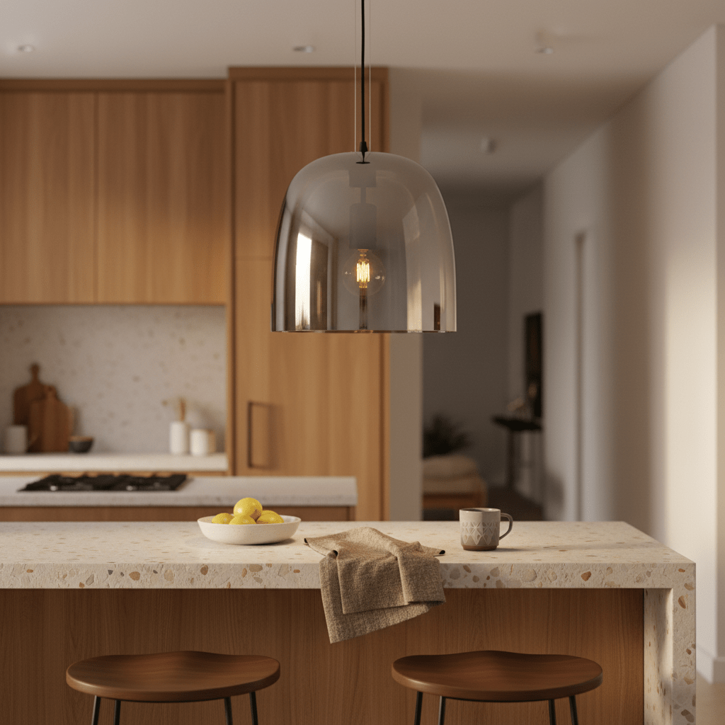 Smoke-tinted dome pendant light hanging above a kitchen island with a bowl of lemons and a coffee mug.