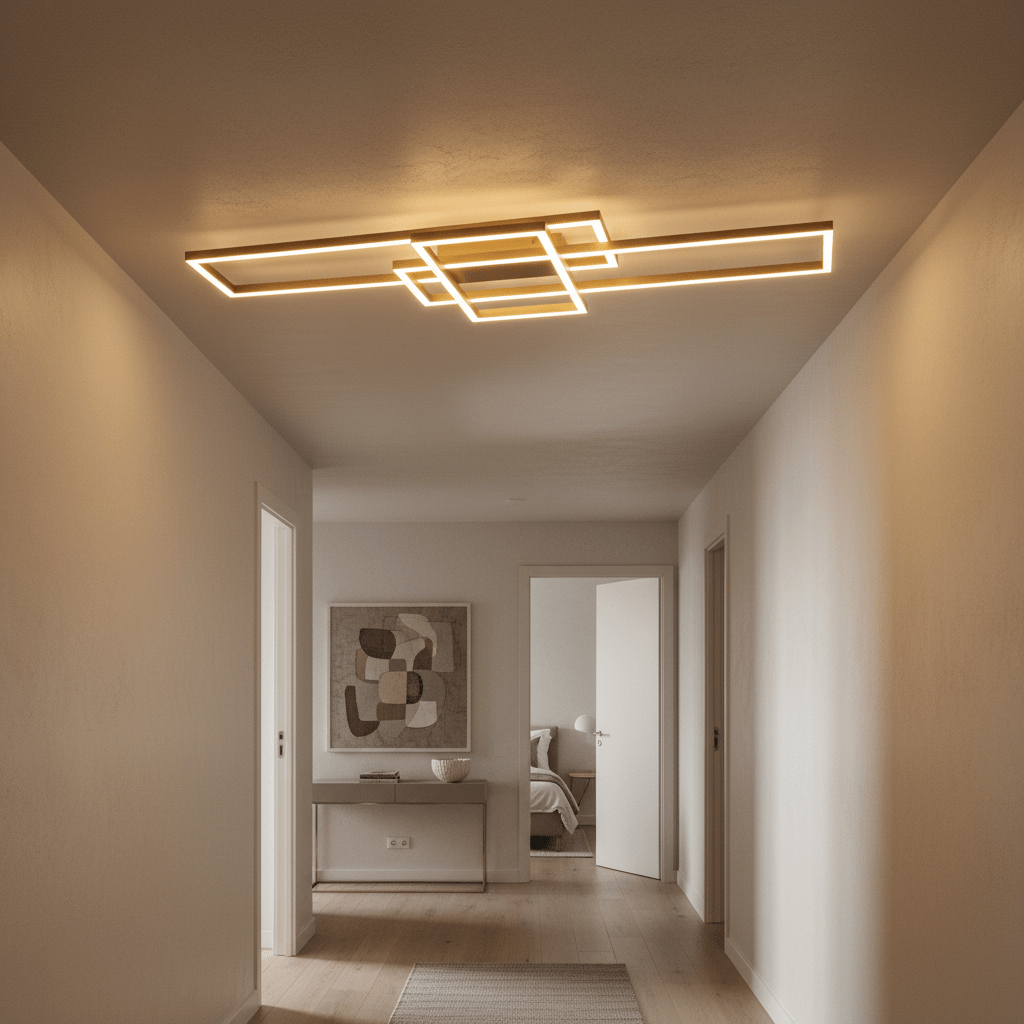Modern flush LED ceiling light illuminating a stylish hallway with warm tones and minimalist decor.