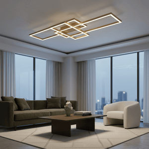 Modern flush LED ceiling light illuminating a stylish living room with a green sofa and white armchair.