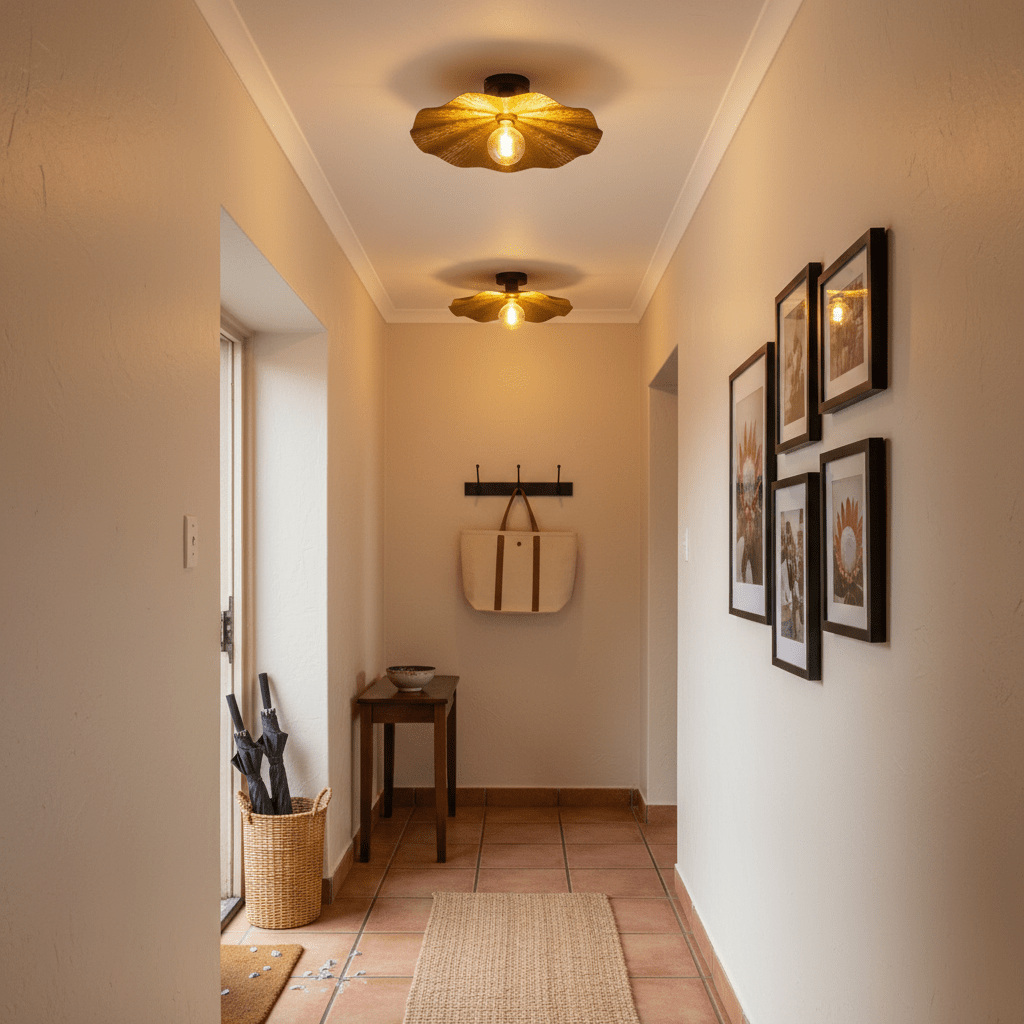 Detail of a hallway featuring two golden flower ceiling lights, enhancing the warm ambiance.