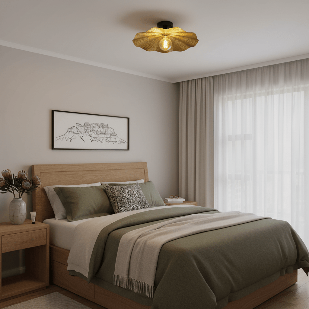 Stylish bedroom featuring a gold-and-black flower ceiling light above a neatly made bed.