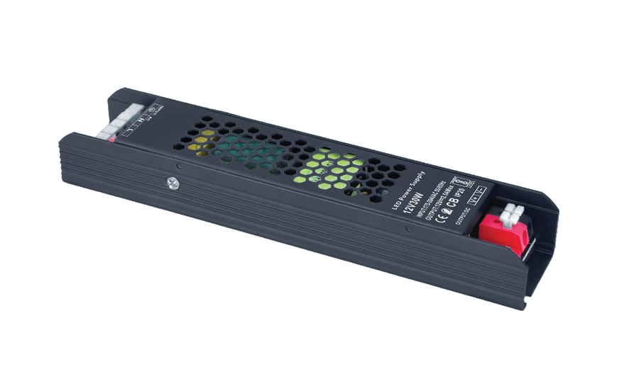 Slim 12Vdc 30W LED power supply with surge protection, featuring a compact metal design.