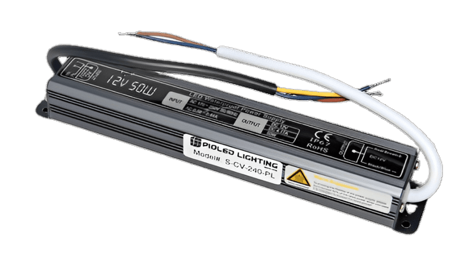 Waterproof 12Vdc LED power supply with slim design and multiple connection wires.