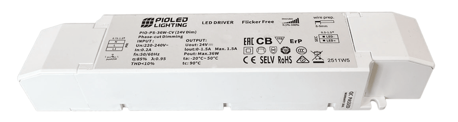 Slim 24Vdc 36W dimmable LED power supply with surge protection, showing input/output specifications.