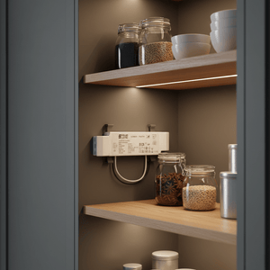White rectangular LED driver mounted on cabinet wall, LED strip lighting under shelf illuminating jars and bowls