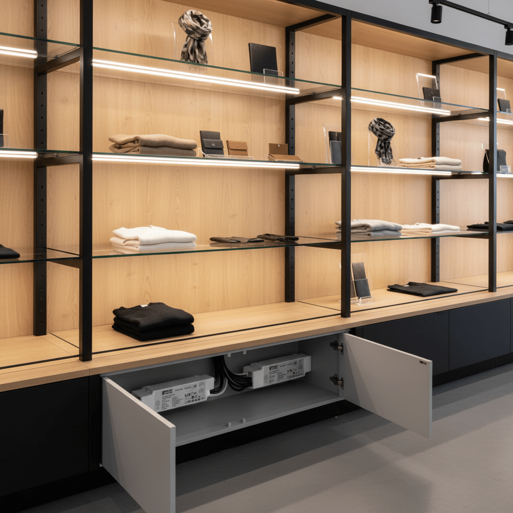 Open cabinet under glass shelving unit reveals two white LED power supplies with black cables