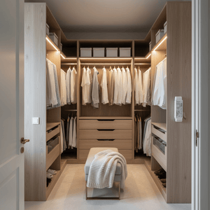 Walk‑in closet featuring wooden cabinets, hanging shirts, drawers, bench, and LED strip lighting along the shelves