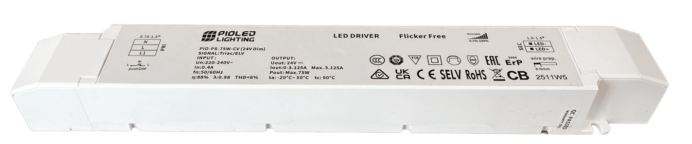 LED Power Supply - 24Vdc 75W Dimmable - Surge Protected / Slim Design