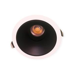 Round black recessed ceiling light on a white background
