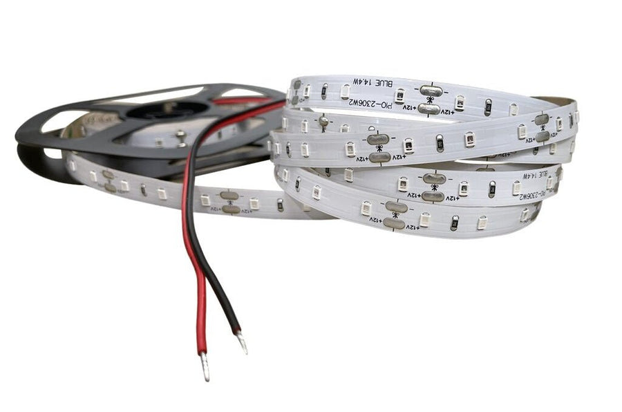 Flexible 12V blue LED strip light roll with exposed wiring, showcasing its cuttable design.