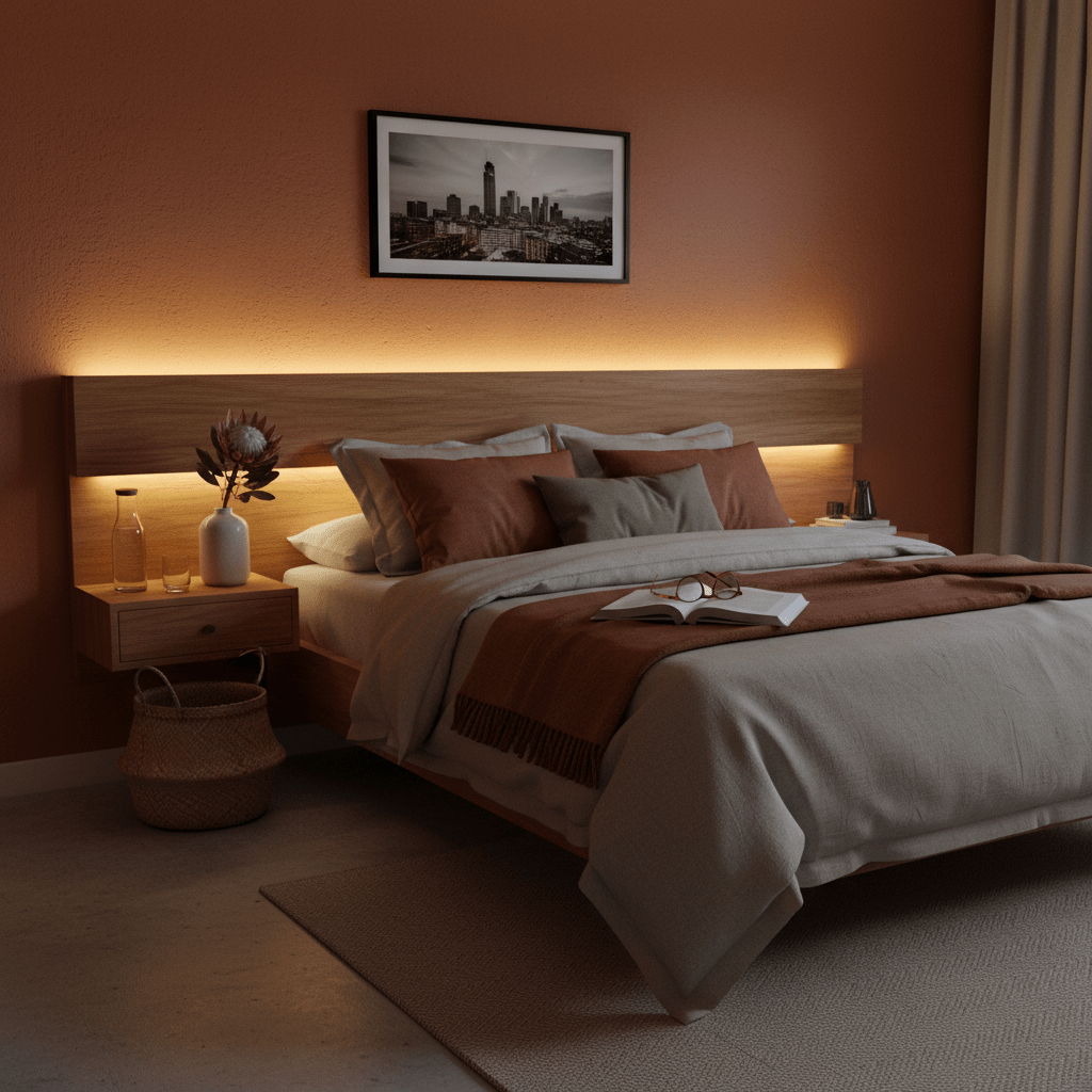 Warm white LED strip light illuminating a modern bedroom headboard, enhancing the cozy ambiance.