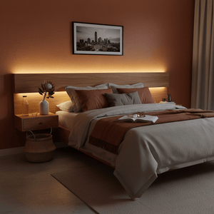 Warm white LED strip light illuminating a modern bedroom headboard, enhancing the cozy ambiance.