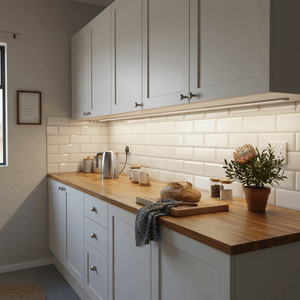 Warm white LED strip light illuminating a kitchen countertop with a kettle, bread, and potted plant.
