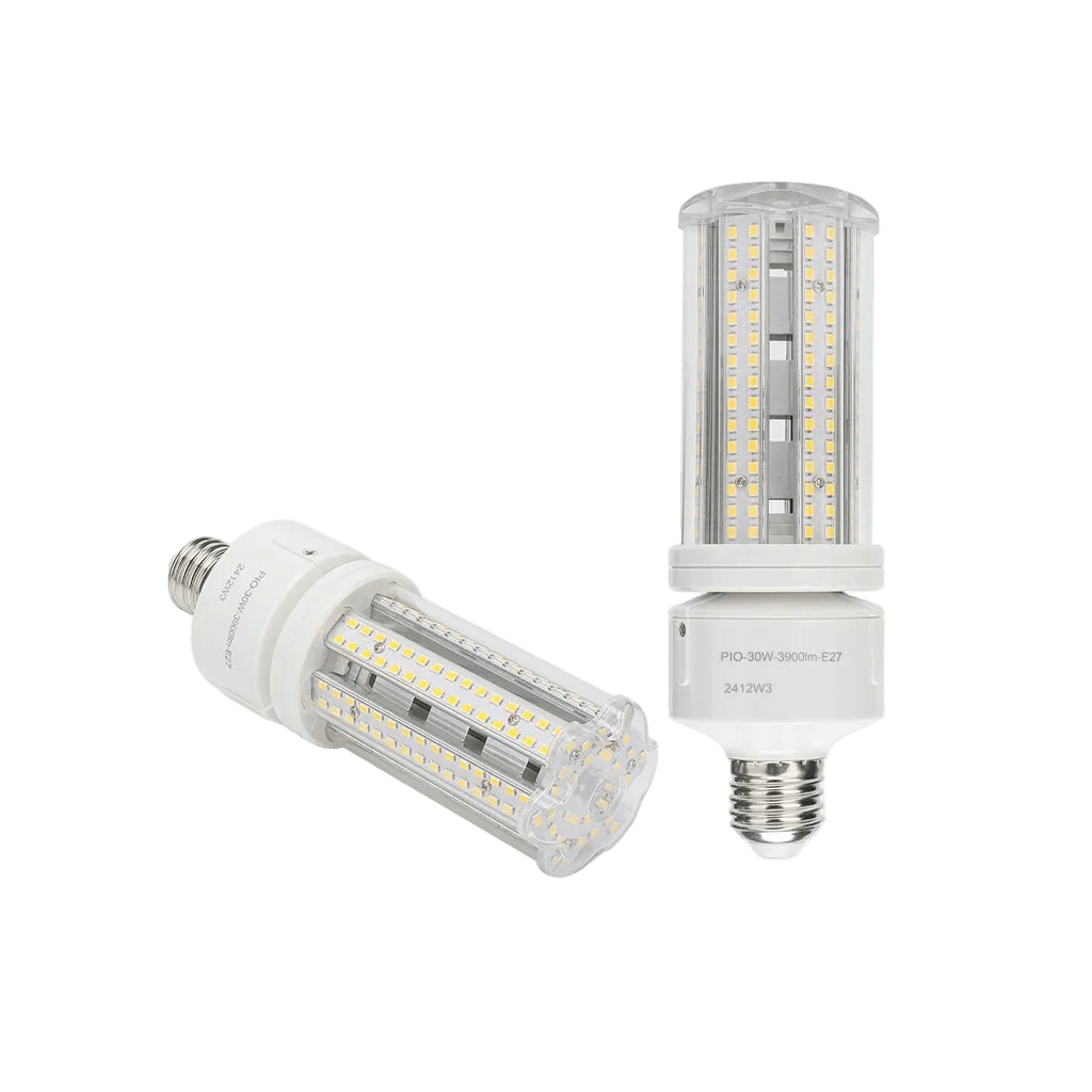 Two 30W heavy-duty corn lamps with a clear plastic finish, featuring multiple LED strips and E27 bases.