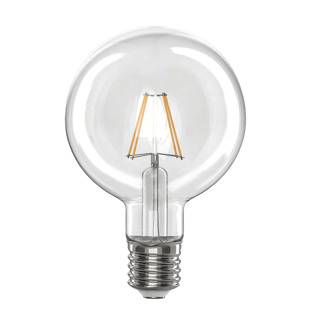 Clear glass G95 LED filament bulb with visible orange filaments and a silver base.