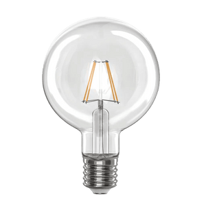 Clear glass G95 LED filament bulb with visible orange filaments and a silver base.