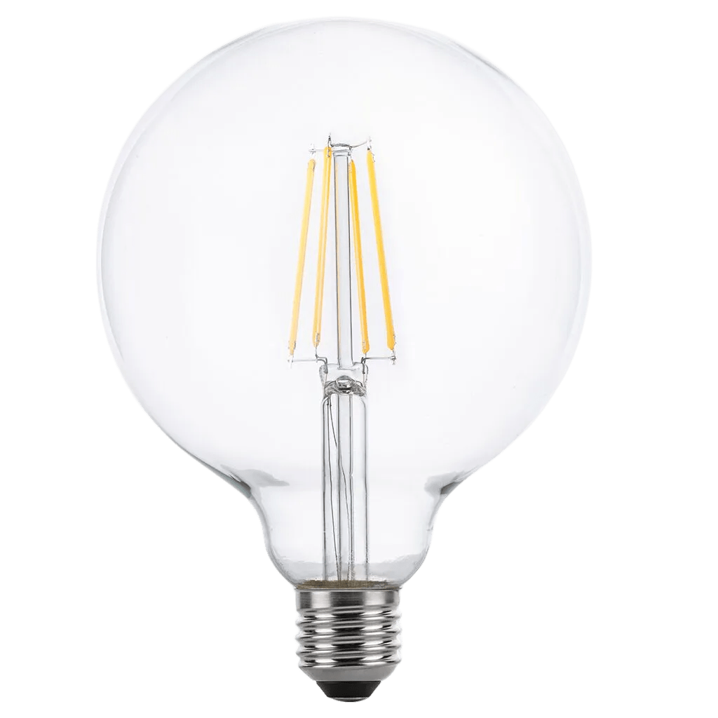 8W G125 LED filament clear bulb with E27 base and visible filament design.