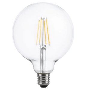 8W G125 LED filament clear bulb with E27 base and visible filament design.