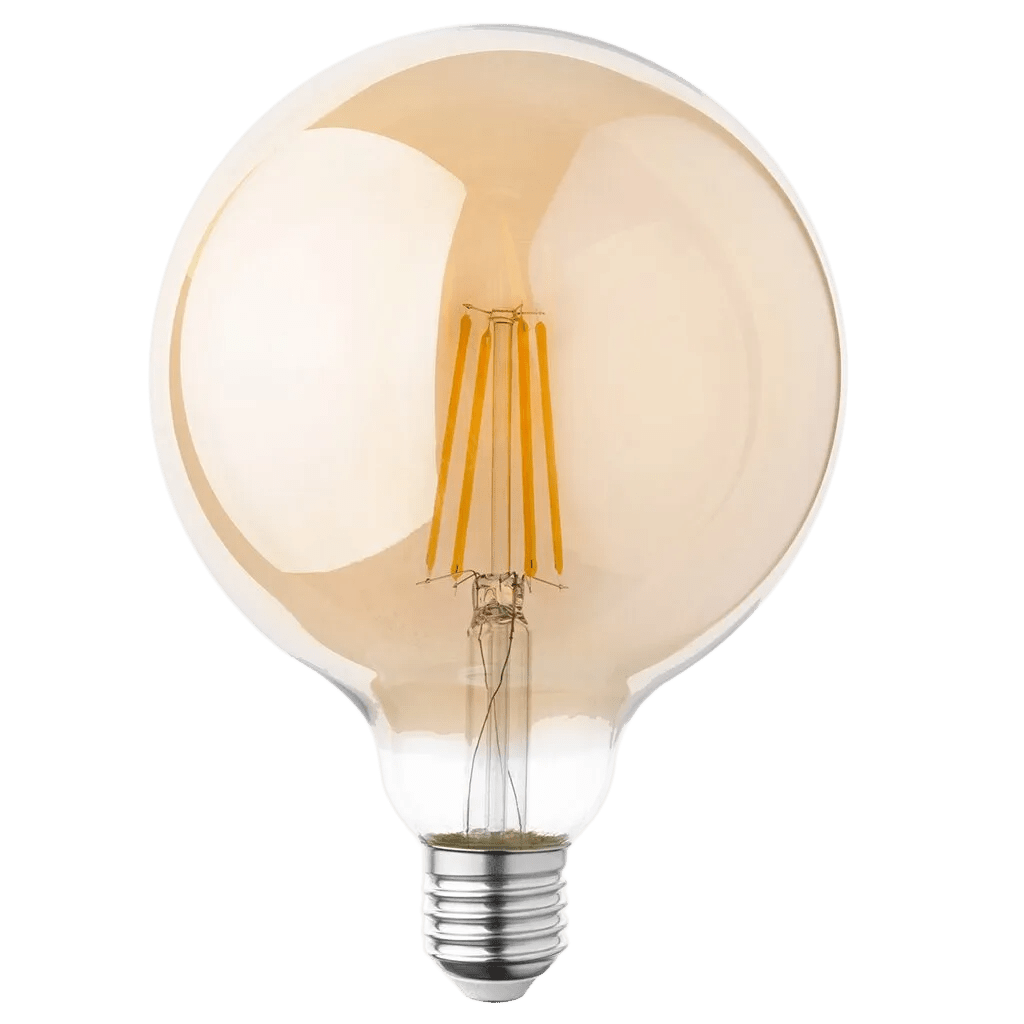 A round, bronze-tinted LED filament bulb with visible yellow filaments and a silver base.