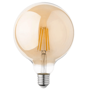 A round, bronze-tinted LED filament bulb with visible yellow filaments and a silver base.