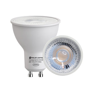 Combat 6W GU10 LED Downlighter showcasing a modern design with a clear lens and white housing.
