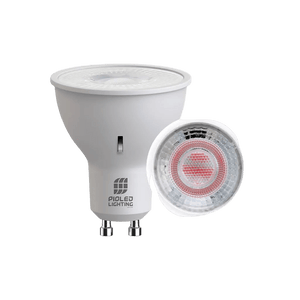 White LED GU10 downlight with two pins and PioLED logo, plus cutaway view of red LED array