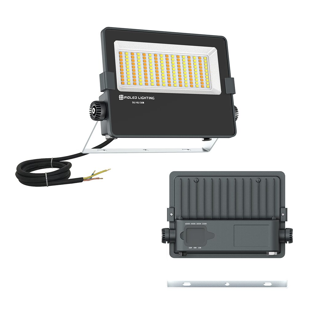 LED flood light with wiring harness on a white background