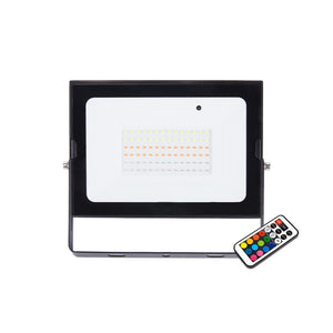 50W RGB LED floodlight with remote control, showcasing a sleek design for outdoor lighting.