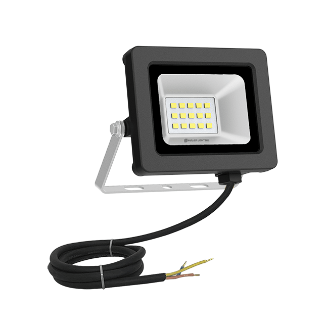 Black LED flood light with wiring on a white background