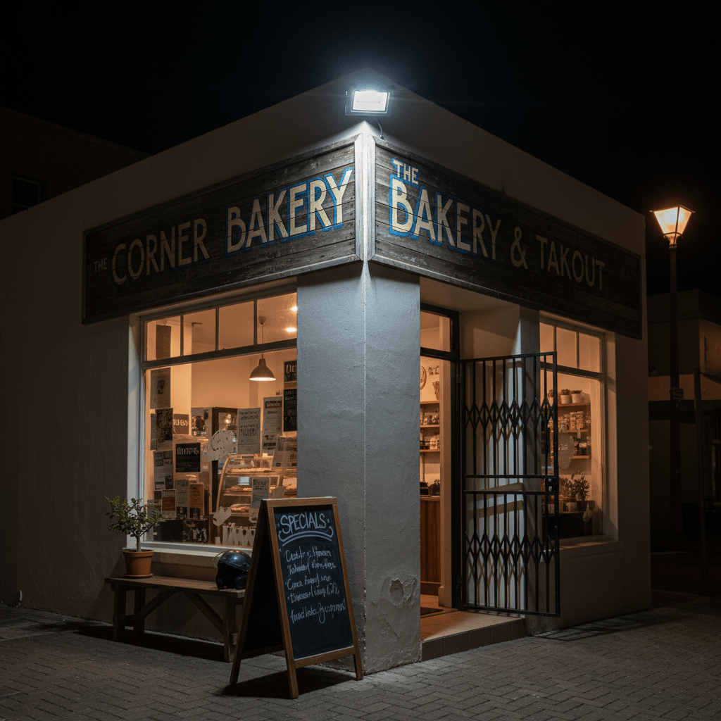 Corner bakery illuminated by a bright LED floodlight at night, enhancing visibility and security.