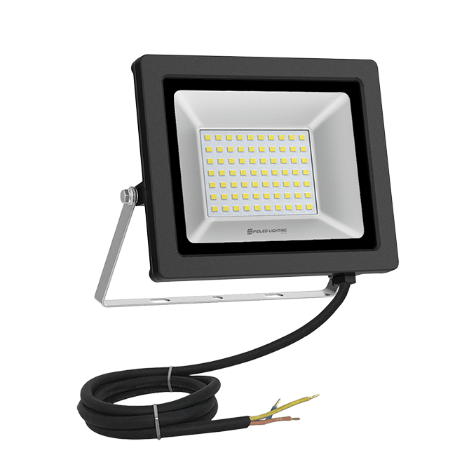 Black LED flood light with visible wiring on a white background