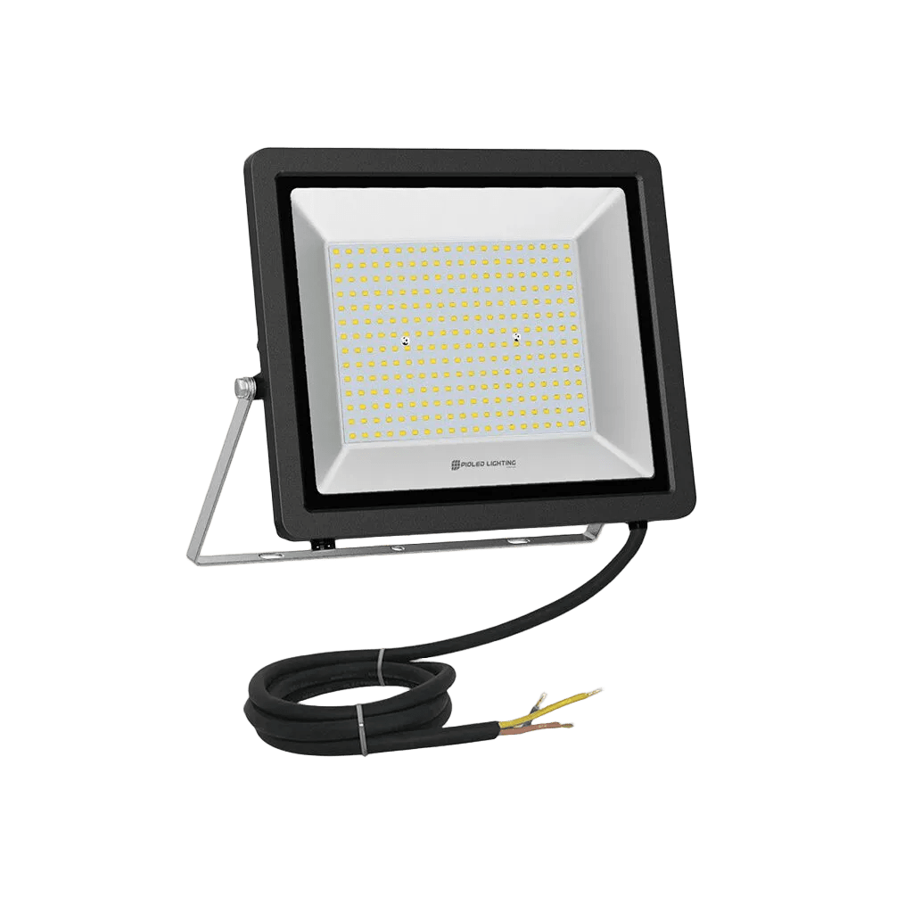 A black and white 200W floodlight with a square design, mounted on a silver bracket, featuring a power cable.