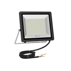 A black and white 200W floodlight with a square design, mounted on a silver bracket, featuring a power cable.
