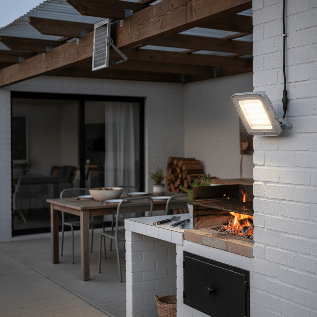 Karu 50W LED Solar Floodlight mounted on a wall, illuminating a braai area with a table and chairs in the background.