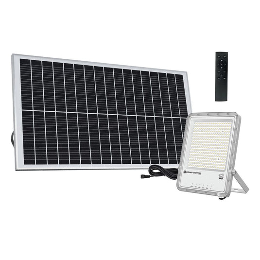 Karu 500W LED Solar Floodlight with solar panel and remote control, showcasing outdoor lighting solution.