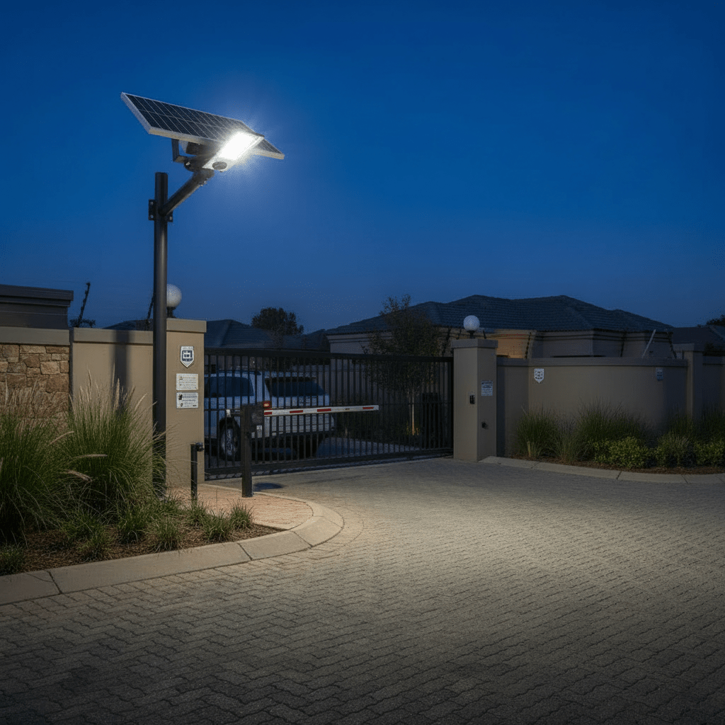 Solar street light illuminating a gated entrance at night, showcasing its solar panel and bright light.