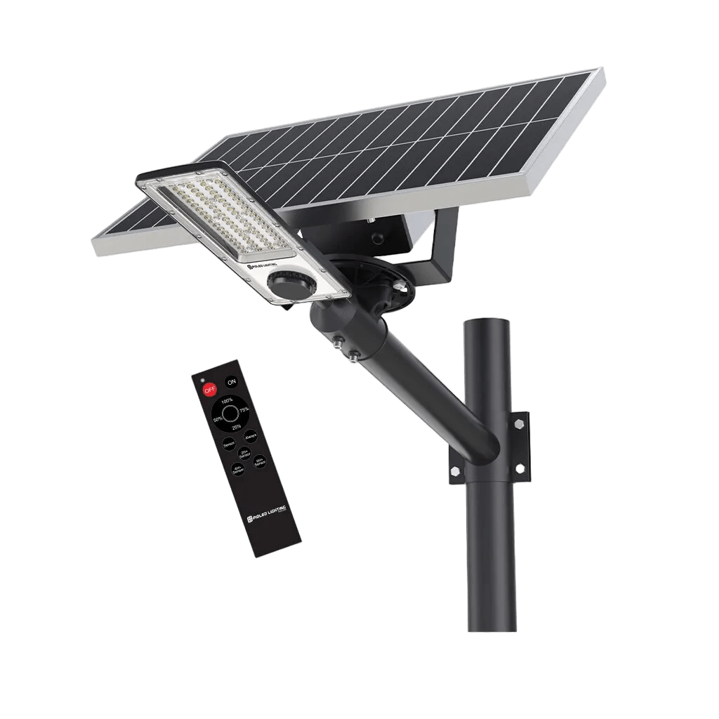 300W solar street light with a solar panel, remote control, and adjustable mounting arm.