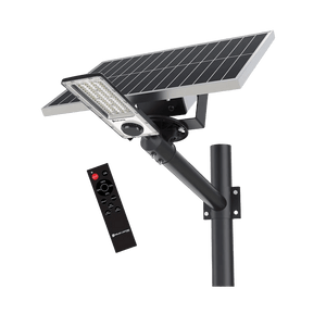 300W solar street light with a solar panel, remote control, and adjustable mounting arm.