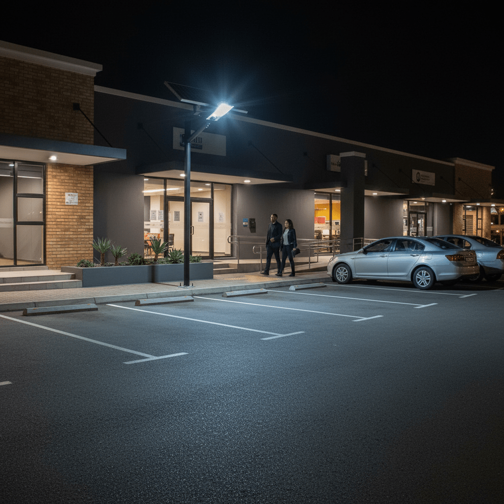 Solar streetlight illuminating a parking area at night with two people walking nearby.