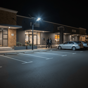 Solar streetlight illuminating a parking area at night with two people walking nearby.