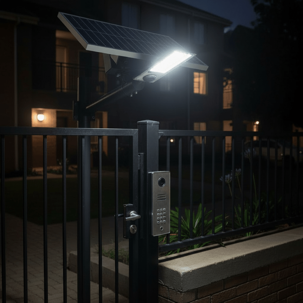 Solar streetlight illuminating a gated entrance at night, showcasing its solar panel and light fixture.