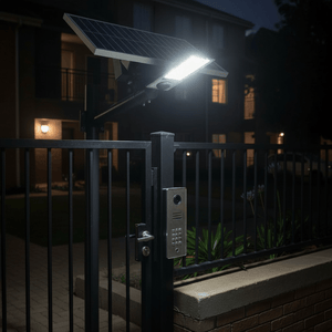Solar streetlight illuminating a gated entrance at night, showcasing its solar panel and light fixture.