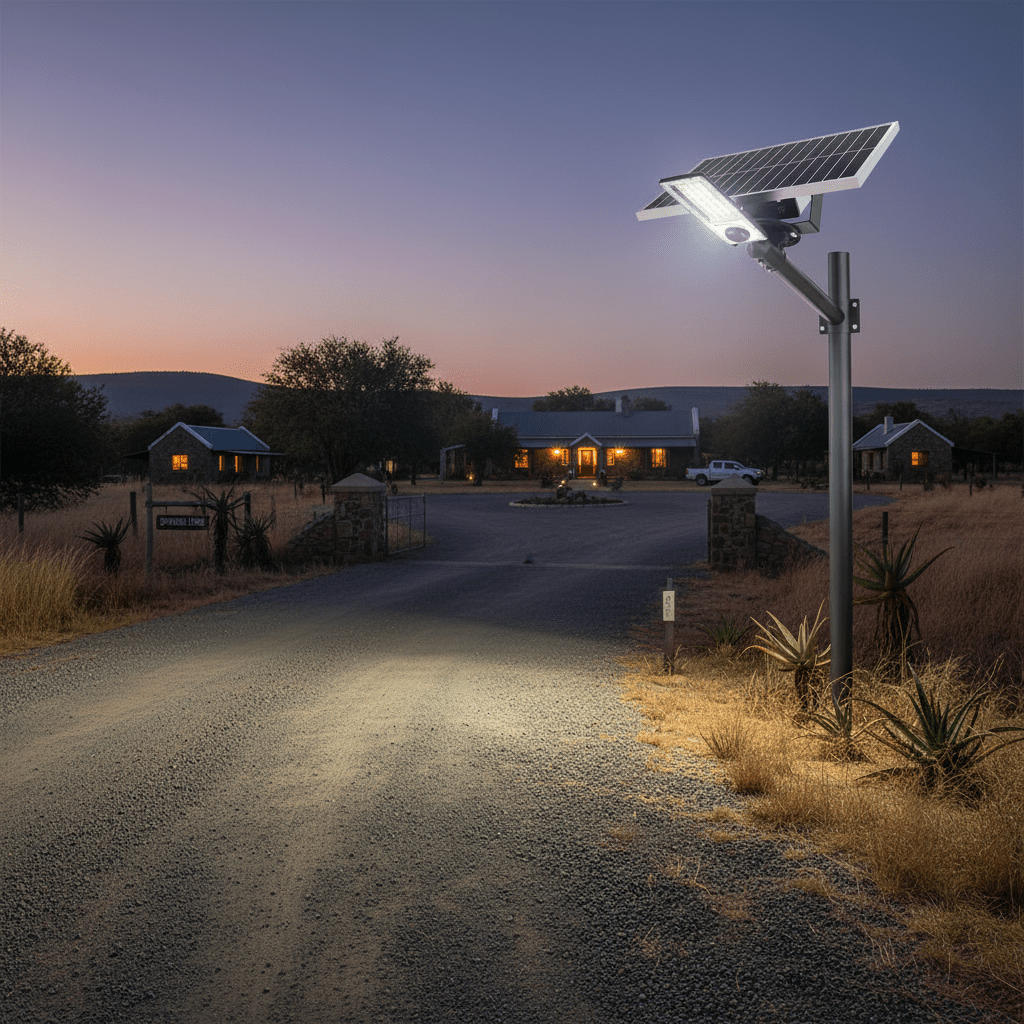 Solar street light illuminating a gravel driveway at dusk, with a house in the background.