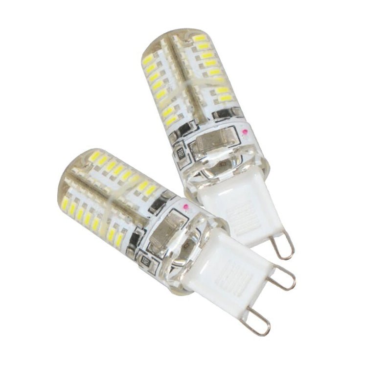 Two LED light bulbs with G9 base on a white background