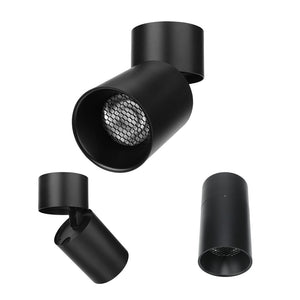 Pakman 35W tiltable surface-mount round downlight in black with honeycomb glare control.